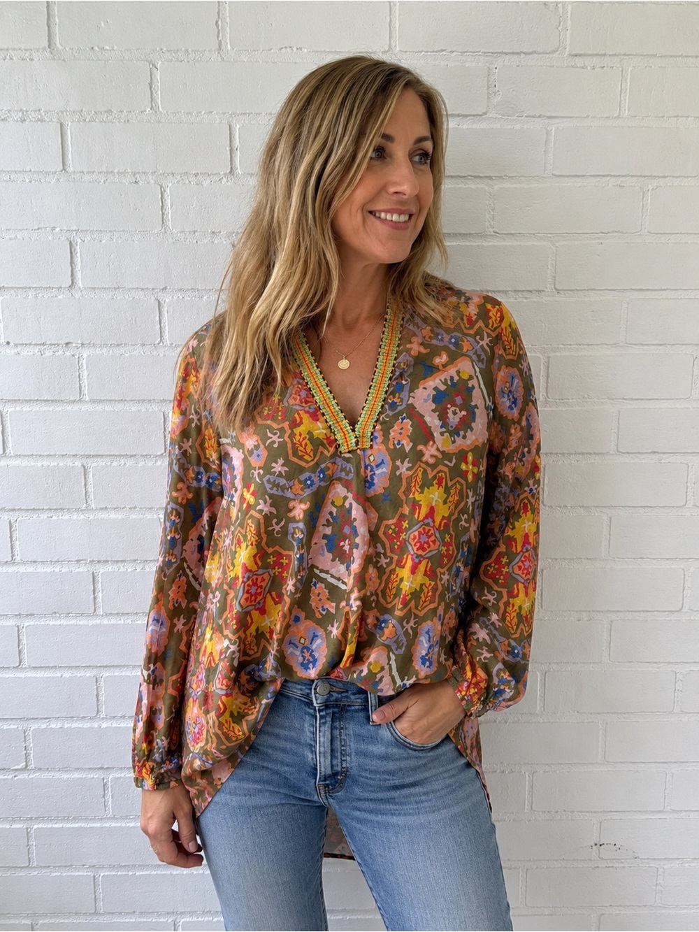 Zara Boho Multicolor Print Tunic Blouse Large Embroidered Trim High Lo